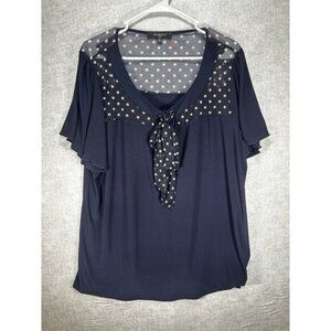 Liz McCoy Navy Blue Short Sleeve Polka-Dot Top Tie Front Plus Size 3X